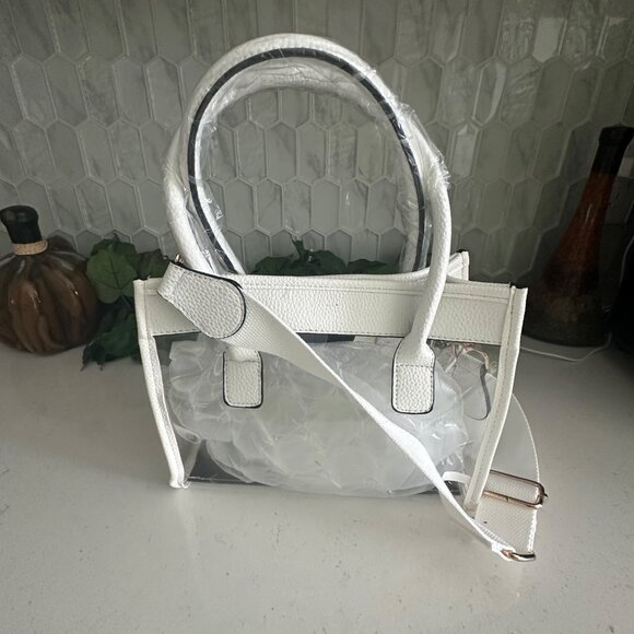 Clear PVC & White Faux Leather Mini Tote Bag With Adjustable Strap By Unni - Picture 2 of 8